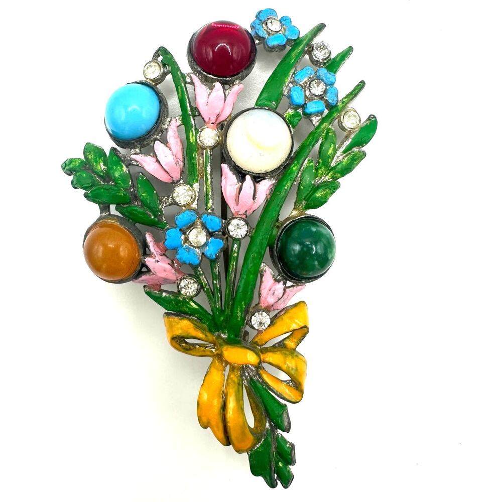Vintage silver tone multicolor glass cabochons rhinestones floral enamel brooch